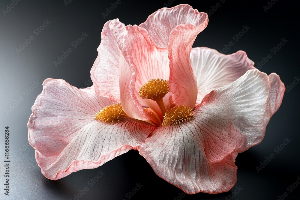 Poster close-up of a delicate pink iris flower with intricate details against a dark background.