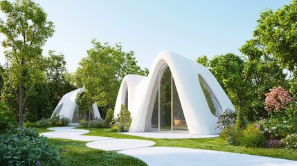 Innovative 3D Printed Triangular Home in Vibrant Garden Setting - Ultra-Detailed Digital Artwork