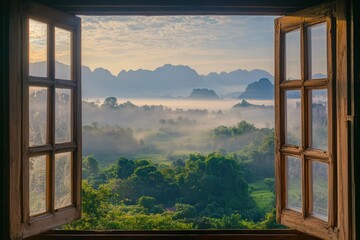 Open window with view of beautiful landscape, misty morning light on the mountains in Thailand.