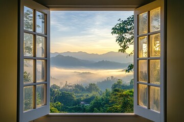 Open window with view of beautiful landscape, misty morning light on the mountains in Thailand.