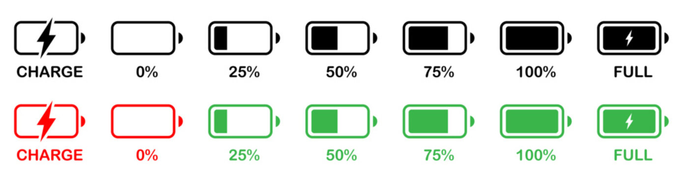 Battery charge indicator icon set in red, green and black color. Phone charge showing percentage level_0%, 25%, 50%, 75%, and 100%. Discharged and fully charged battery level from 0 to 100 percent. 