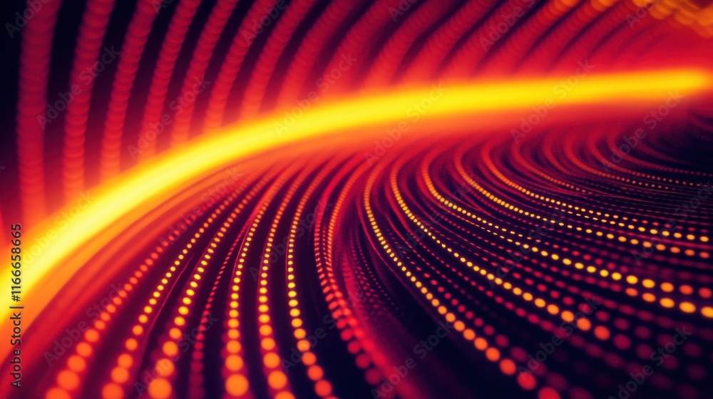 Sticker neon yellow and red circles creating a ripple effect in 3d space, with glowing neon trails.