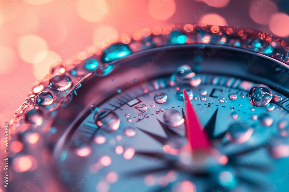 Poster close-up of a wet compass with a red needle, illuminated by colorful bokeh lights.