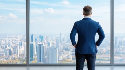 Fototapeta premium Businessman Contemplating Cityscape: A rear view of a confident businessman in a navy blue suit, standing before a panoramic city view through a large window.