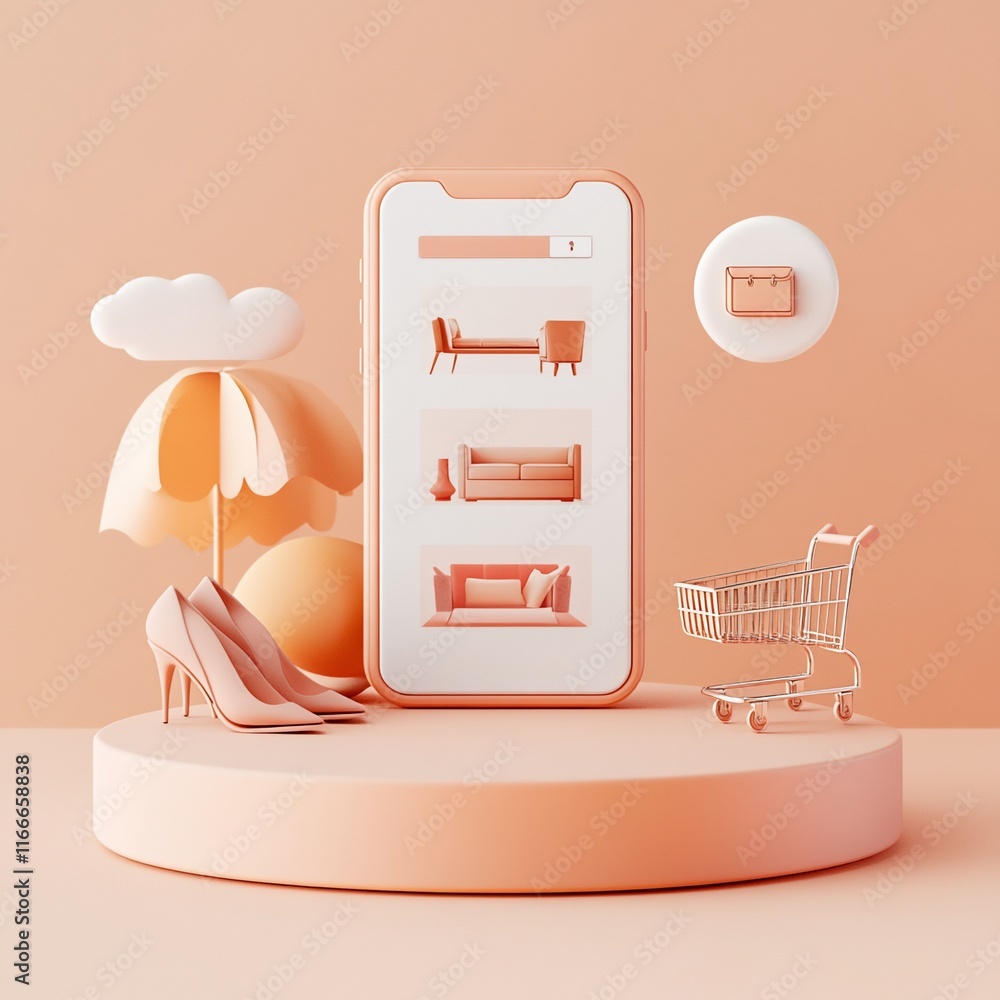Poster online shopping app interface displaying furniture and shoes on a phone screen.