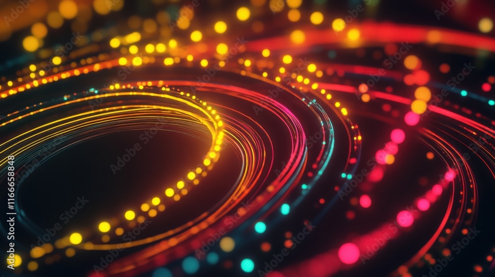Sticker neon yellow and red circles creating a ripple effect in 3d space, with glowing neon trails.