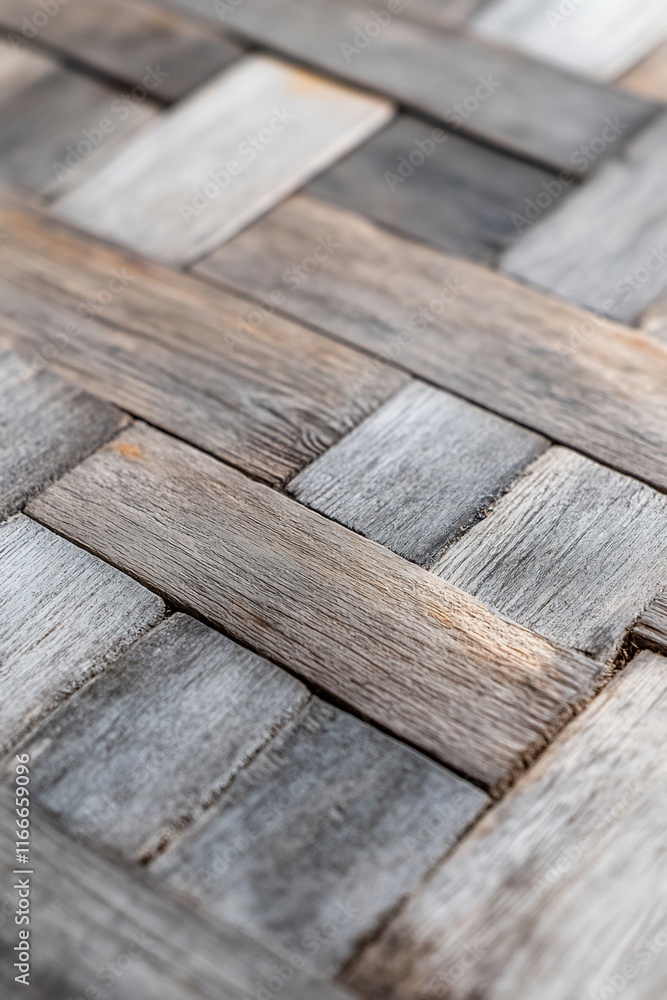 Aufkleber Close-up of weathered wood planks arranged in a herringbone pattern.