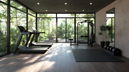 Obraz premium Futuristic 3D Printed Home Gym with Modern Fitness Equipment and Natural Lighting for Active Lifestyle Motivation. Ultra-Detailed Digital Render Interior Design.