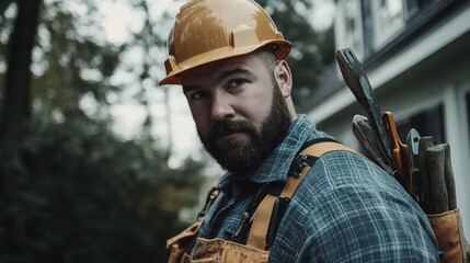Fototapeta premium Skilled Builder with Tools on Construction Site During Daylight