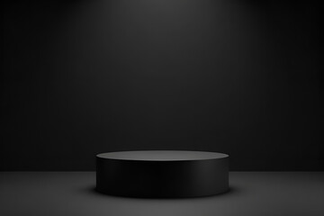 A 3D rendering of a black stand podium on a dark room background, serving as a pedestal for an exhibition or product shelf