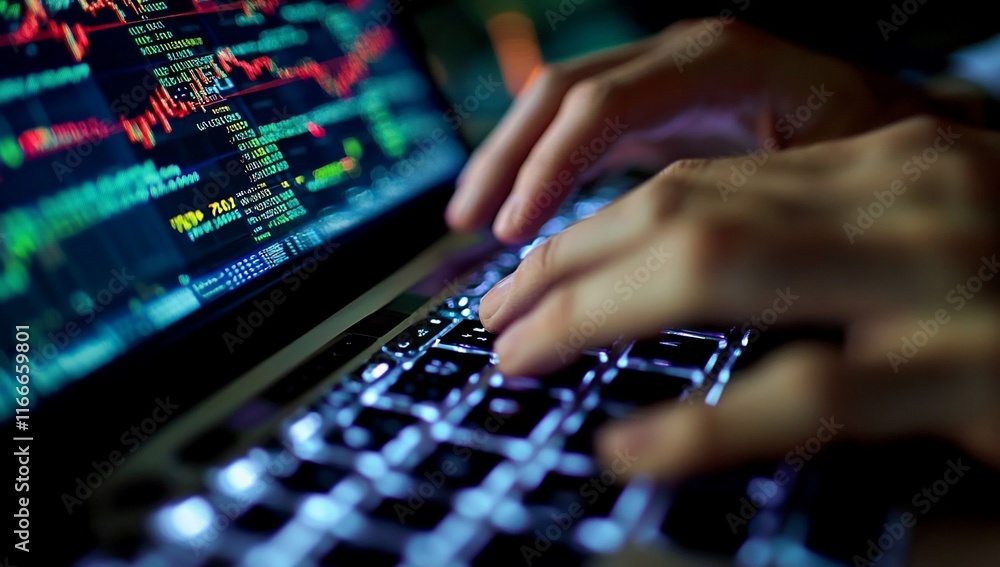 Poster Close-up of hands typing on laptop keyboard displaying stock market data.