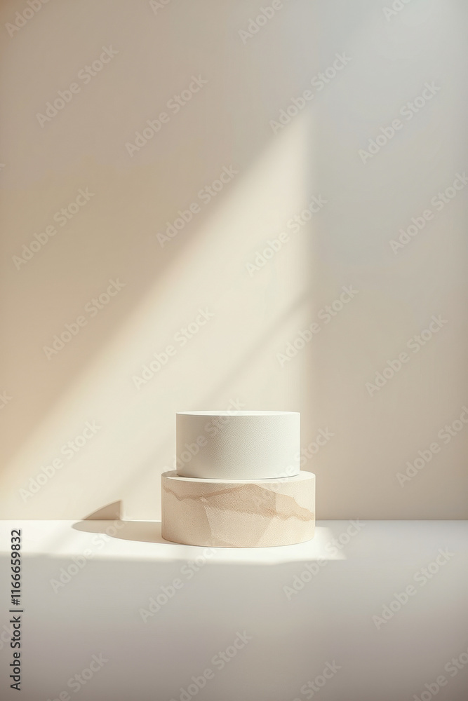 Poster minimal product display featuring two textured cylindrical platforms