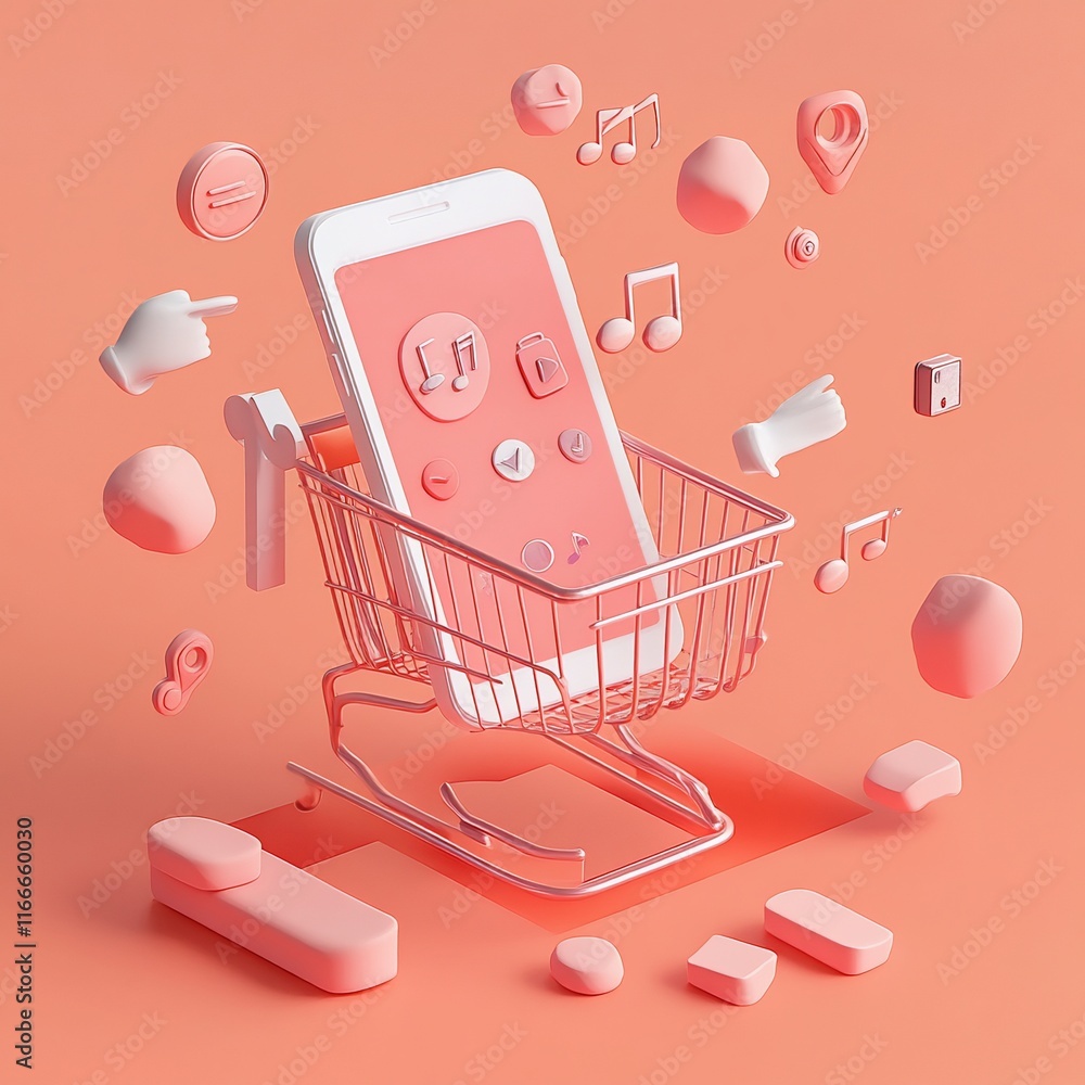 Poster smartphone in shopping cart with app icons, 3d render.