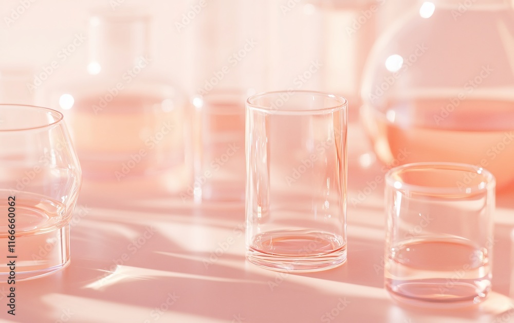 Aufkleber Close-up of empty and partially filled clear glass tumblers and vessels on a pink surface, illuminated by soft light casting shadows.