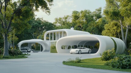 Futuristic 3D Printed Home with Eco-Friendly Garage and Vehicles Emphasizing Sustainable Living | Ultra-Detailed Digital Artwork