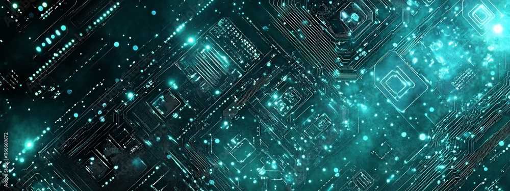 Poster Abstract teal circuit board texture with glowing particles.