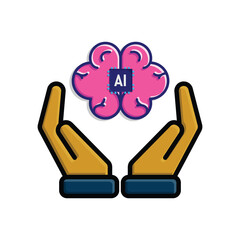 brain icon. brain and artificial intelligence in hand. Brain design and chip in the middle. Education, technology and protection vector design. colored flat design style