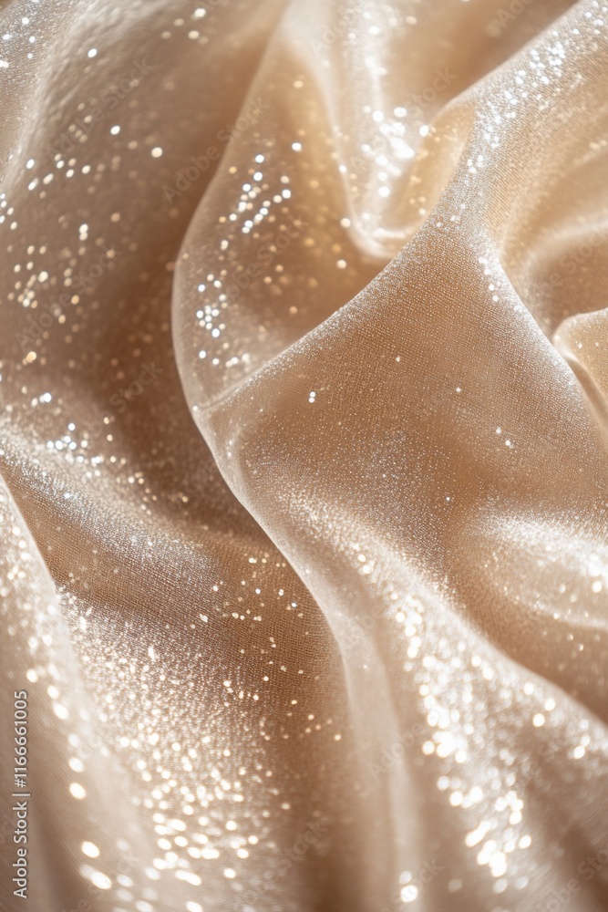 Poster close-up of beige fabric with subtle glitter, showing soft folds and texture.