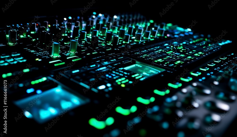 Poster Close-up of illuminated audio mixing console with knobs, buttons, and faders.