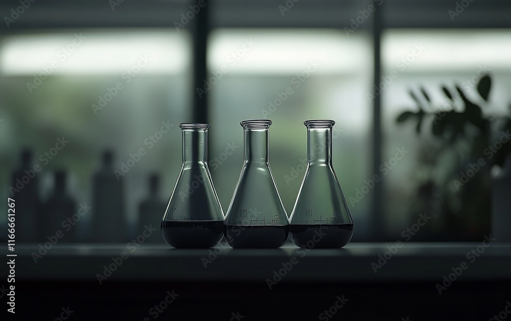 Poster Three Erlenmeyer flasks containing dark liquid sit on a lab bench in front of a blurred window.
