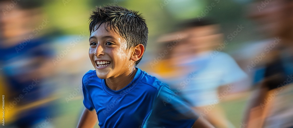 Poster happy boy smiles while running in a race.