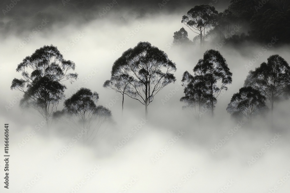 Poster monochromatic landscape photography of trees shrouded in fog, creating a mystical and serene atmosph