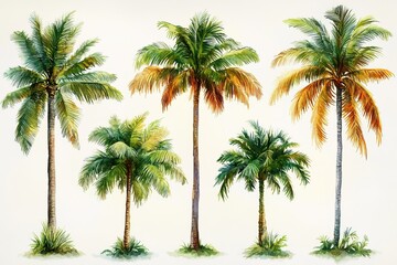 Fototapeta premium A watercolor illustration of various palm trees showcasing their diverse shapes and colors.