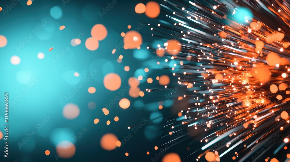 Poster abstract representation of data flowing through fiber optic cables, forming a dynamic and interconne