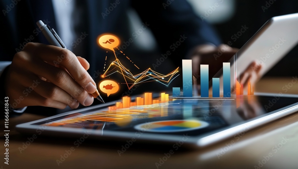 Aufkleber Close-up of hands analyzing data charts and graphs on a digital tablet.