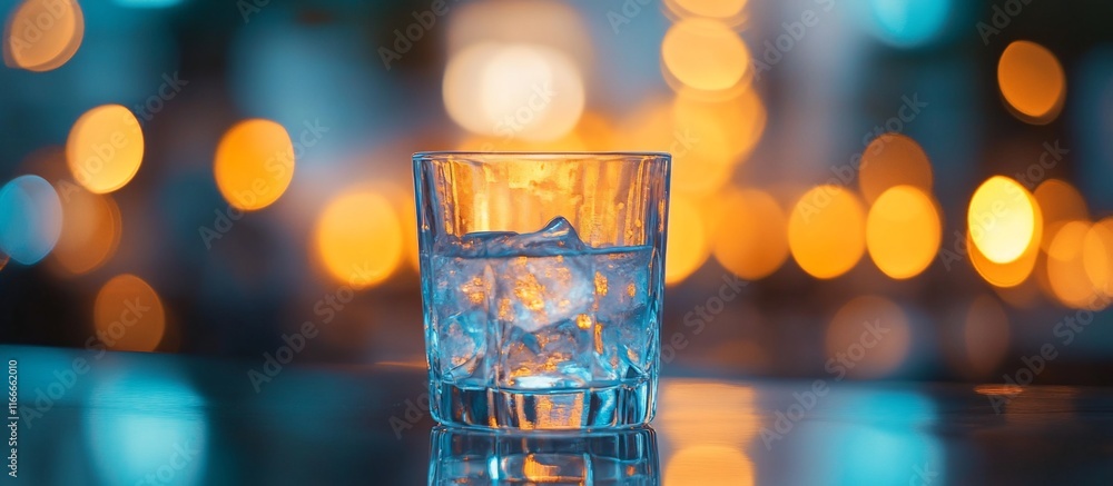 Poster Ice cubes in a rocks glass on a bar counter with bokeh lights.
