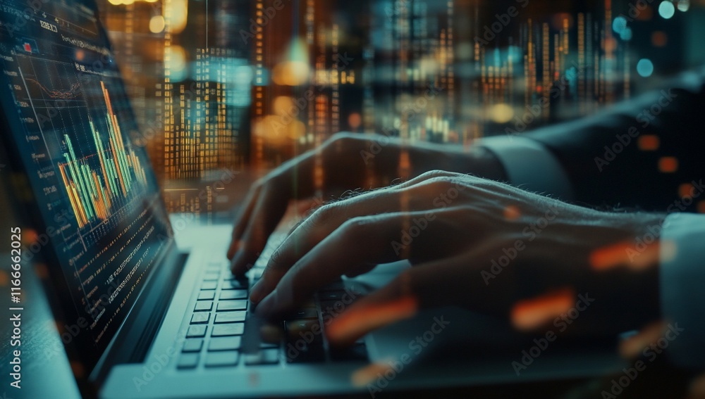 Poster close-up of hands typing on laptop displaying financial data and city lights.
