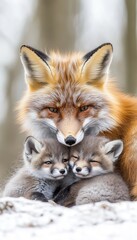 Obraz premium A mother fox cuddles her two adorable kits in a snowy forest setting.