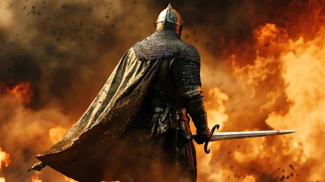 Heroic Warrior in Stunning Armor Amidst a Fiery Battle Background of Chaos and Courage