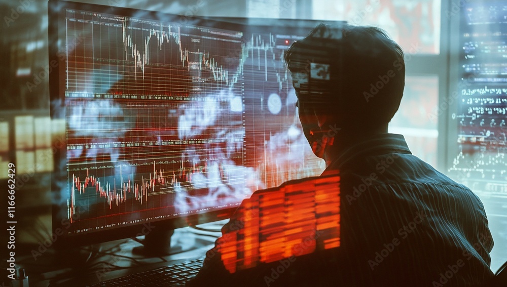 Poster Hacker analyzing stock market data on multiple monitors, shrouded in smoke.