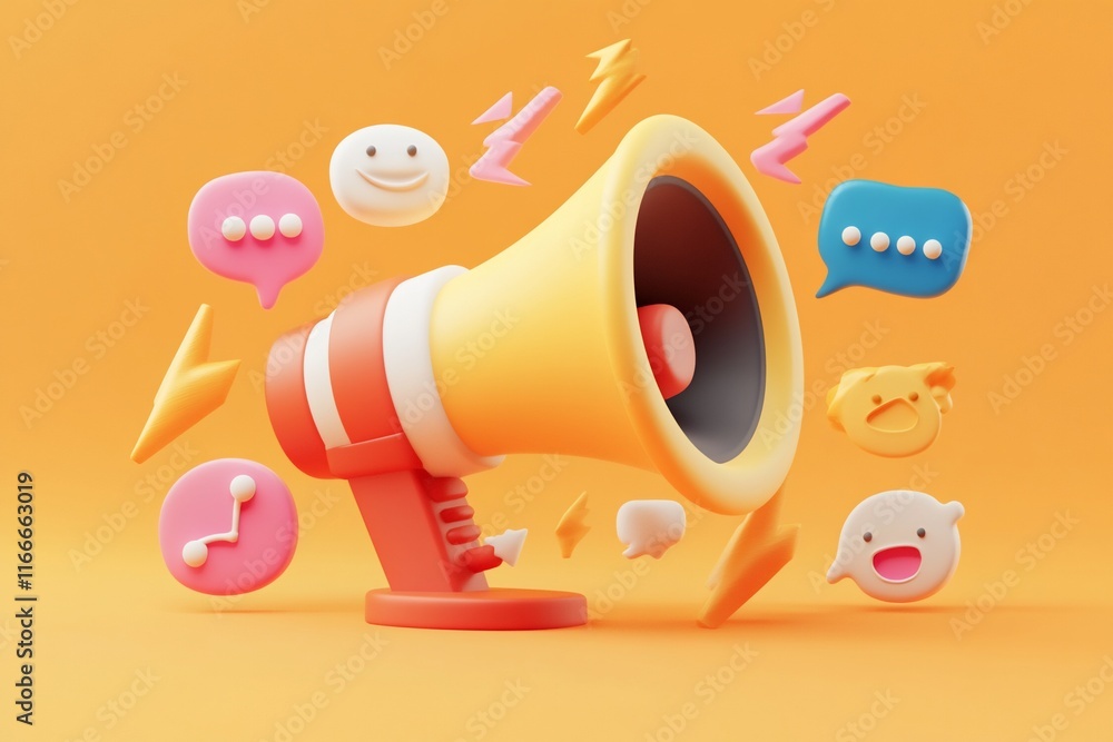 Poster 3d rendering of a yellow megaphone with speech bubbles and emojis on an orange background.