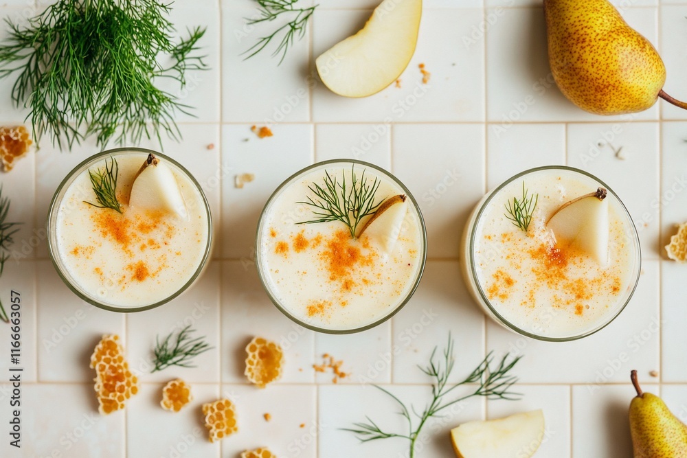 Poster three glasses of pear smoothie garnished with dill and honey on a tiled surface.