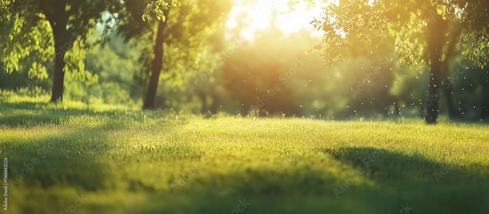 Poster sunlit meadow in a lush green park with trees, creating a tranquil and peaceful atmosphere.