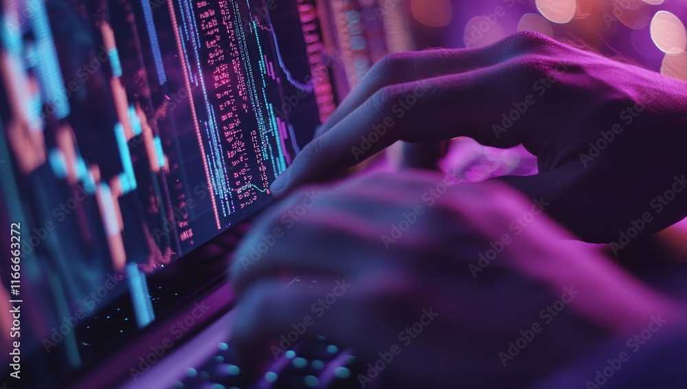 Poster close-up of hands typing on laptop keyboard displaying stock market data at night.