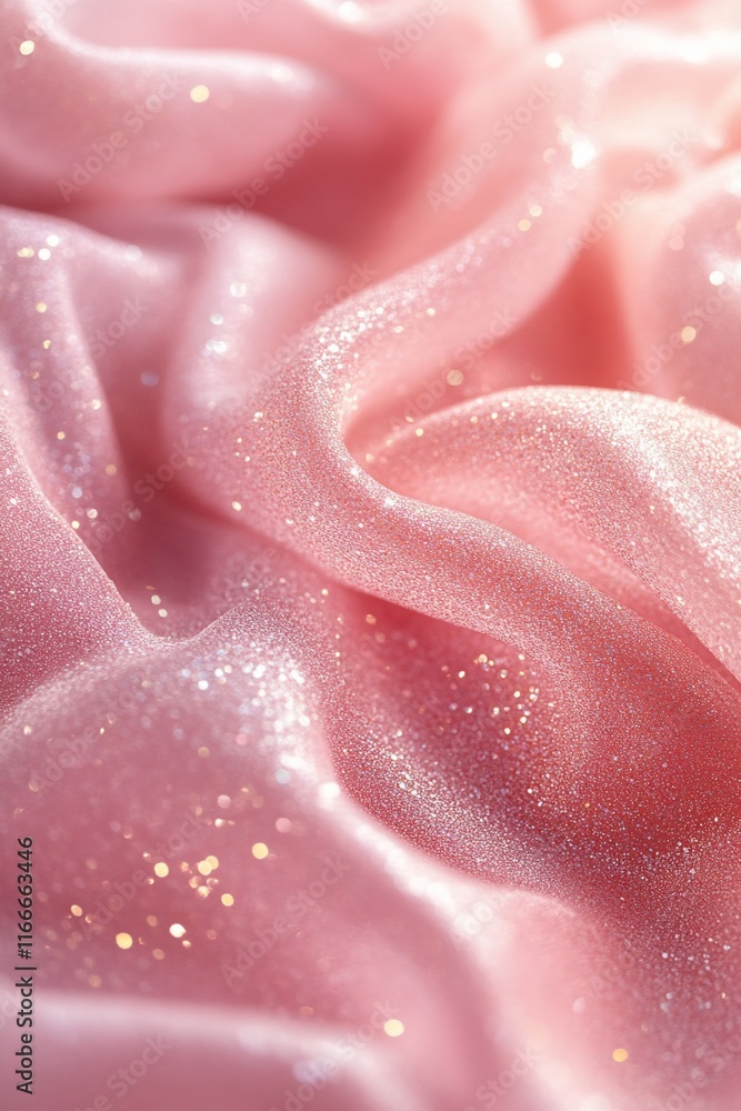 Poster close-up of pink glittering fabric with soft folds and light reflections.