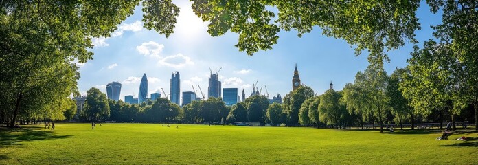 Fototapeta premium Panoramic view, showing a green park with trees and the skyline of the London city background on a sunny day.