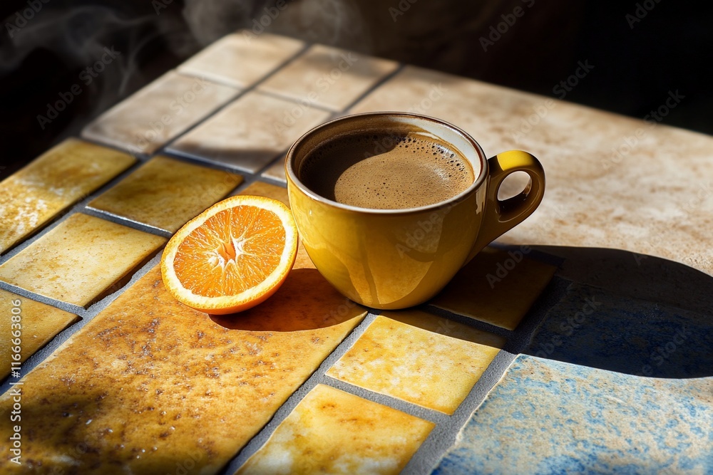 Poster steaming cup of coffee with orange slice on sunlit tiled surface.