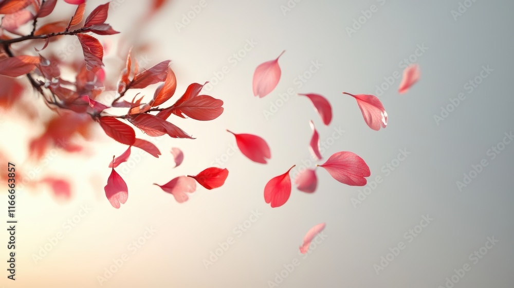 Poster the delicate shadows of cherry blossom petals falling from a tree, creating a soft and ethereal effe