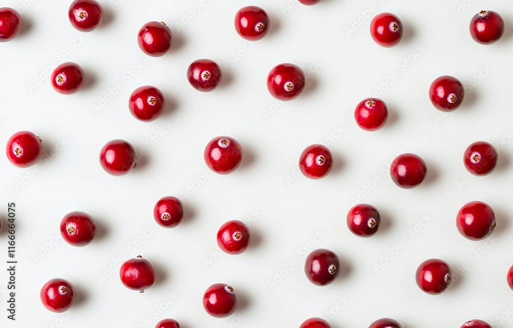 Poster scattered cranberries on white background forming a pattern.