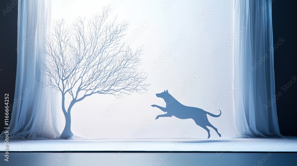 Poster shadow puppetry performance using hands to create animal shapes, with a bright light source behind a