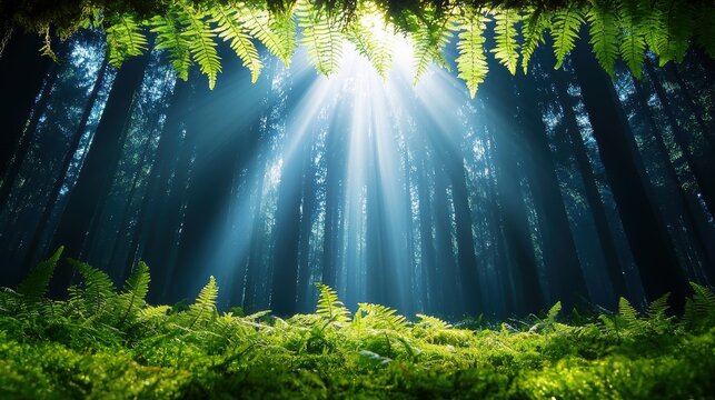 Sunlight streaming through a dense forest, creating a path of light that illuminates the ferns and moss growing on the forest floor.