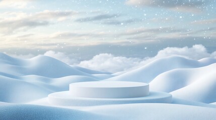White cylindrical podium on snowy mountain landscape with soft light.
