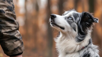 Obraz premium A dog attentively gazes at a person in a forest setting, showcasing companionship and nature.