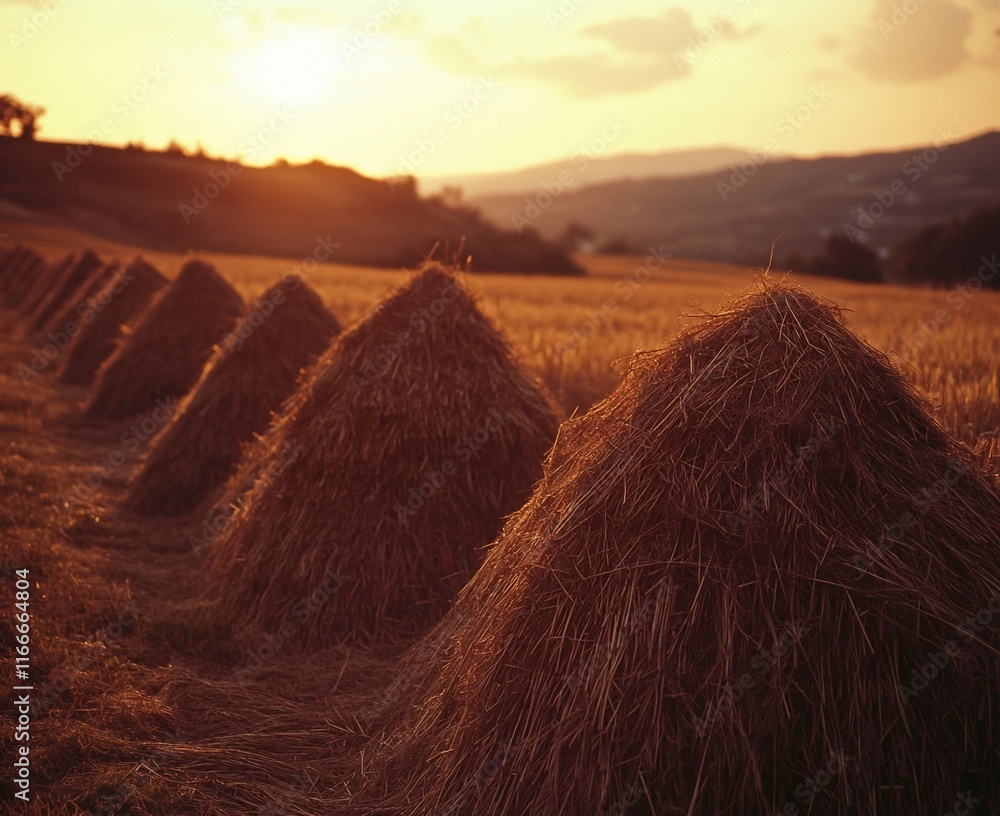 Poster Sunset over a field with haystacks.
