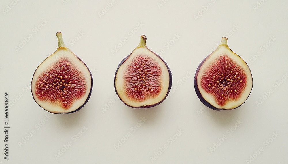 Poster three halved figs arranged in a row on a white background.