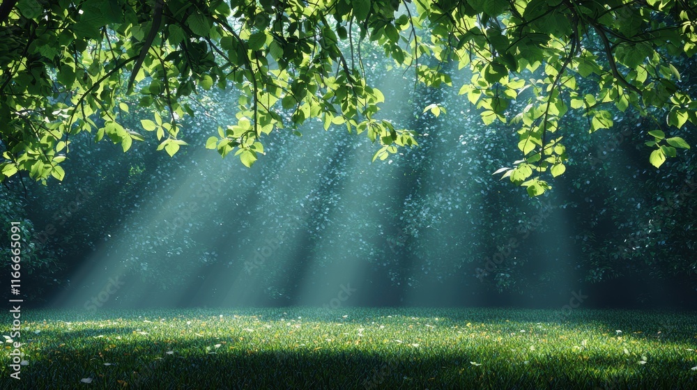 Poster sunlight filtering through the leaves of a dense forest, creating a dappled pattern of light and sha